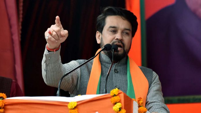 Union Minister of State for Finance, Anurag Singh Thakur speaks during an election campaign