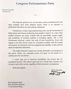 sonia writes to PM on differential pricing of covid vaccine 2