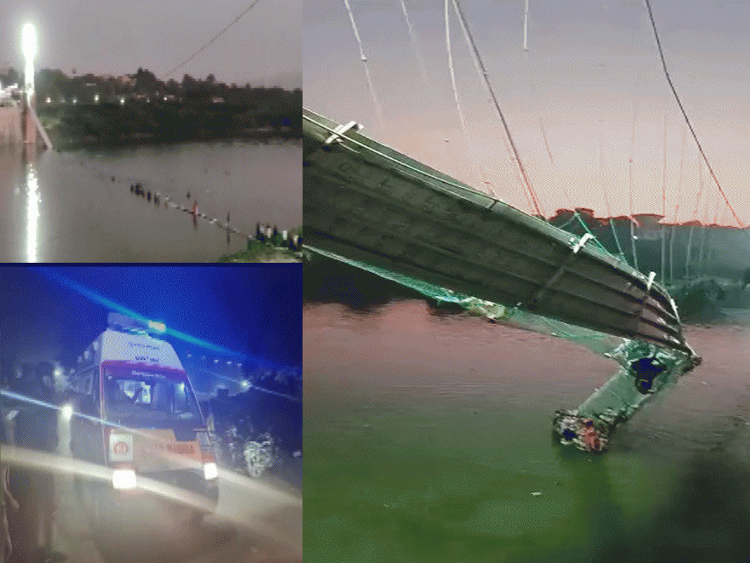 bridge collapses many feared drowning after a cable bridge across the machu river collapsed in an accident in gujarats morbi